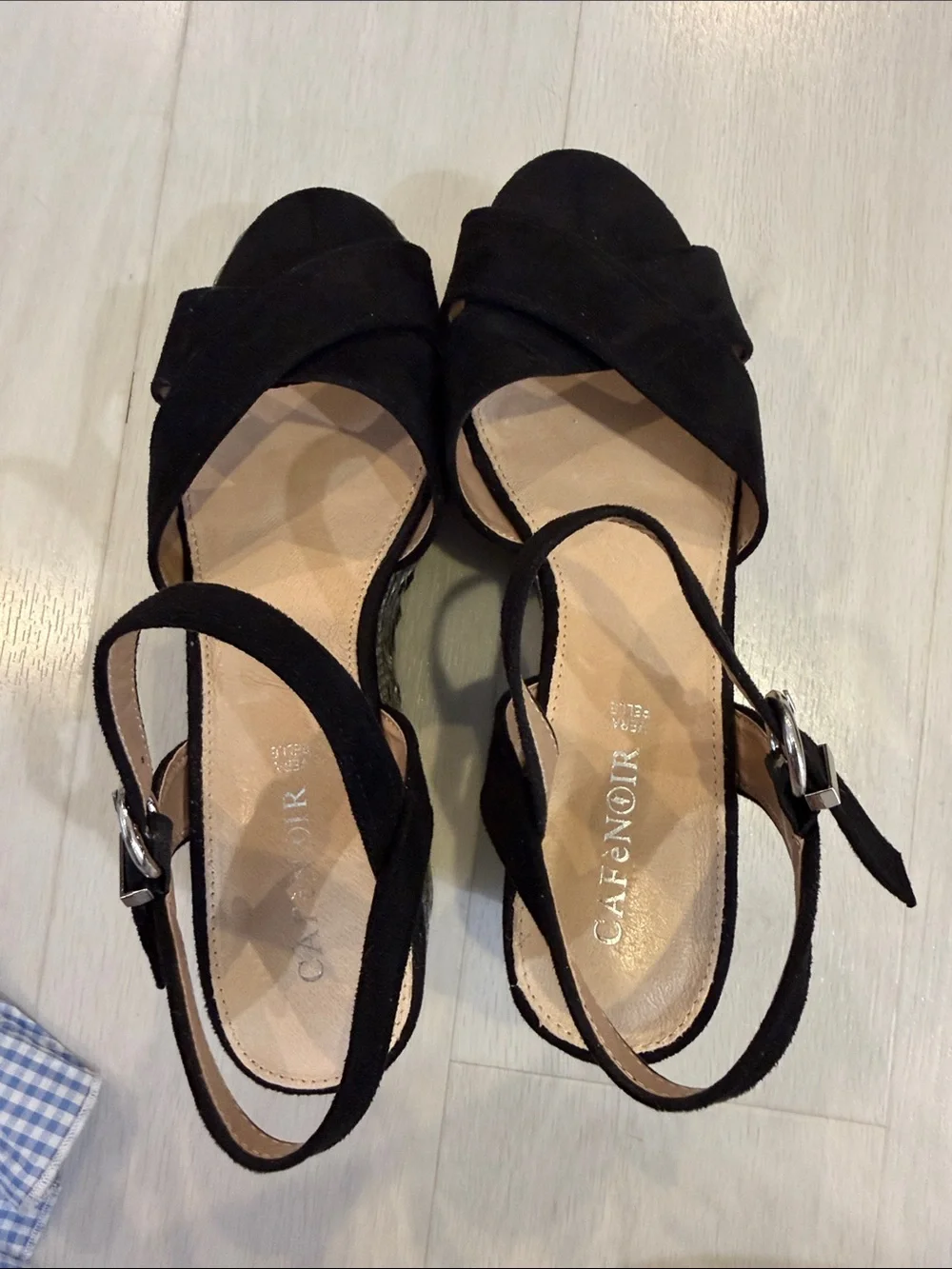 Black Suede Ankle-Strap Wedge Sandals with Metallic Espadrille Platform